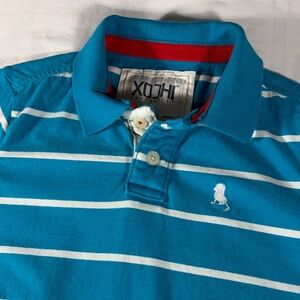 XOCHI mens teal blue horizontal thin stripe short sleeve polo shirt - size M